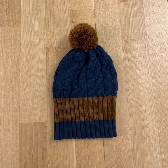 Blue and brown beanie with pompom - Picture 2 of 2